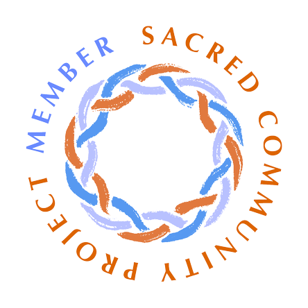 text indicating "sacred community project member" with three threads interwoven with one another.